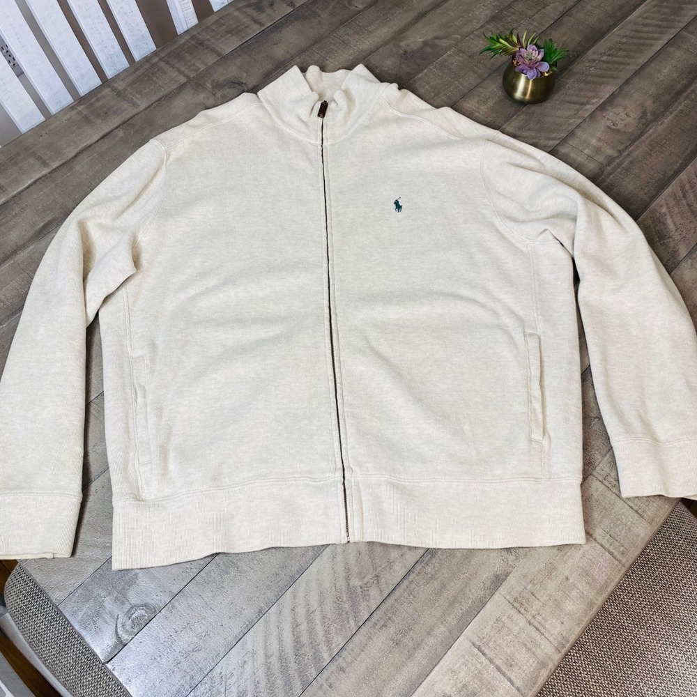 Polo Ralph Lauren Sweater Jacket Men's Extra Large Beige Ribbed Full Zip